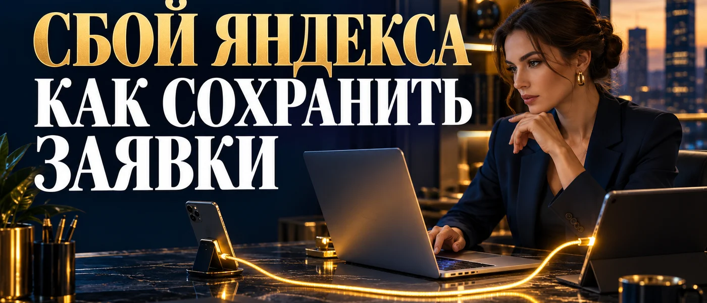Предприниматель за ноутбуком и резервные устройства связи на тёмно-синем фоне с золотыми акцентами