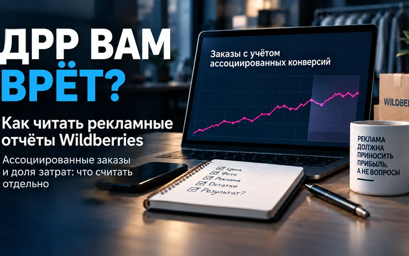Рекламный отчёт Wildberries с графиком заказов и подписью об ассоциированных конверсиях